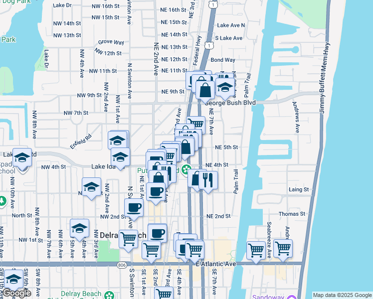 map of restaurants, bars, coffee shops, grocery stores, and more near 500 Northeast 5th Avenue in Delray Beach