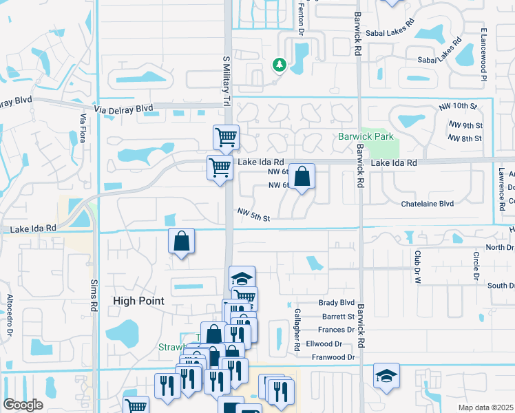 map of restaurants, bars, coffee shops, grocery stores, and more near 523 Northwest 51st Avenue in Delray Beach