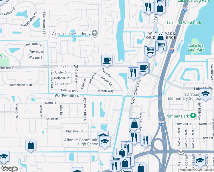 map of restaurants, bars, coffee shops, grocery stores, and more near 513 Dolphin Drive in Delray Beach