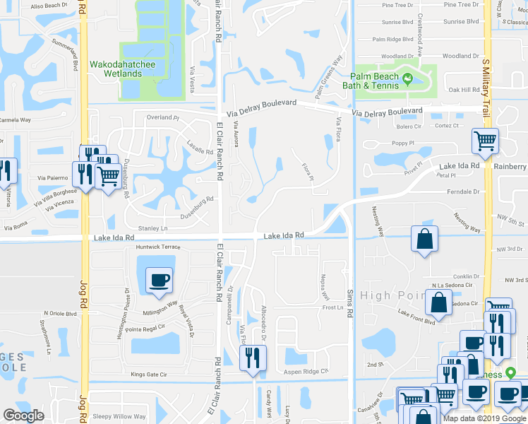 map of restaurants, bars, coffee shops, grocery stores, and more near 13968 Vía Flora in Delray Beach