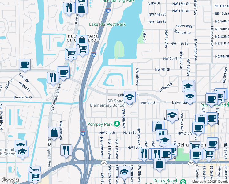 map of restaurants, bars, coffee shops, grocery stores, and more near 1160 Delray Lakes Drive in Delray Beach