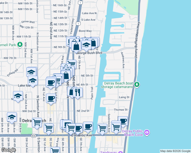 map of restaurants, bars, coffee shops, grocery stores, and more near 435 Palm Trail in Delray Beach