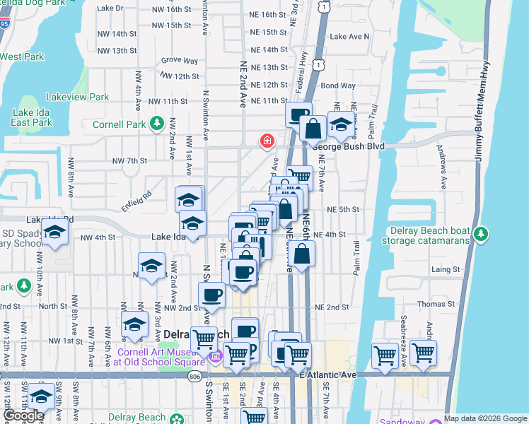 map of restaurants, bars, coffee shops, grocery stores, and more near 230 Northeast 5th Court in Delray Beach
