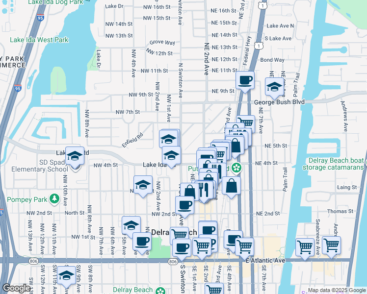map of restaurants, bars, coffee shops, grocery stores, and more near 435 North Swinton Avenue in Delray Beach