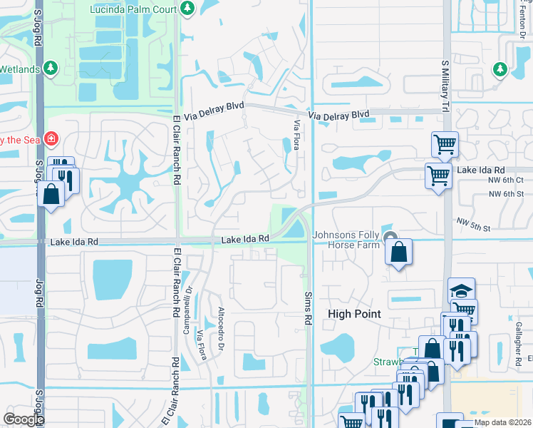 map of restaurants, bars, coffee shops, grocery stores, and more near 5647 Sims Road in Delray Beach