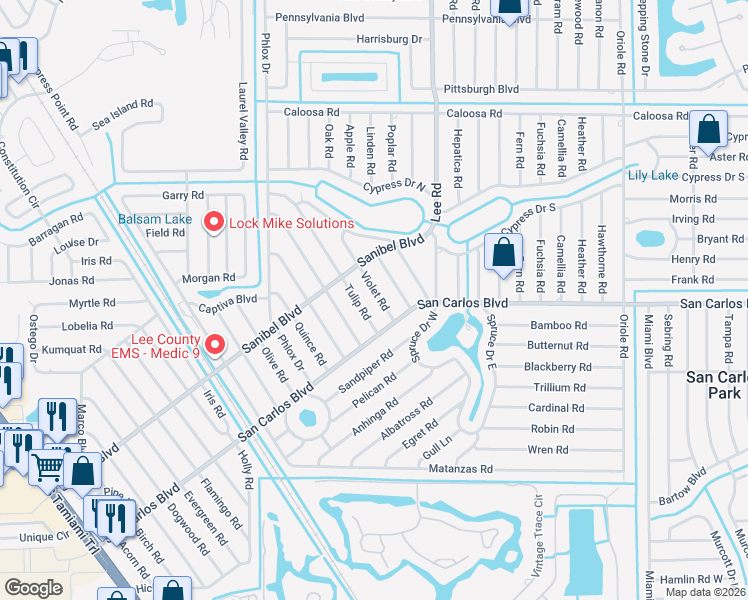 map of restaurants, bars, coffee shops, grocery stores, and more near 18557 Violet Road in Fort Myers