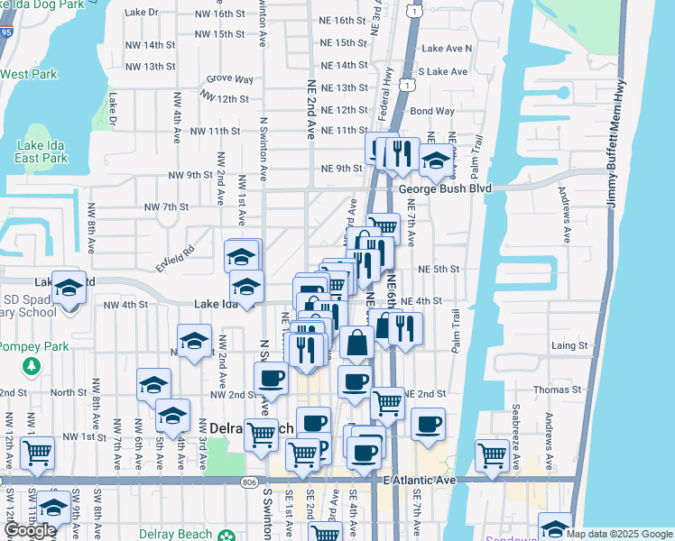 map of restaurants, bars, coffee shops, grocery stores, and more near 230 Northeast 5th Court in Delray Beach