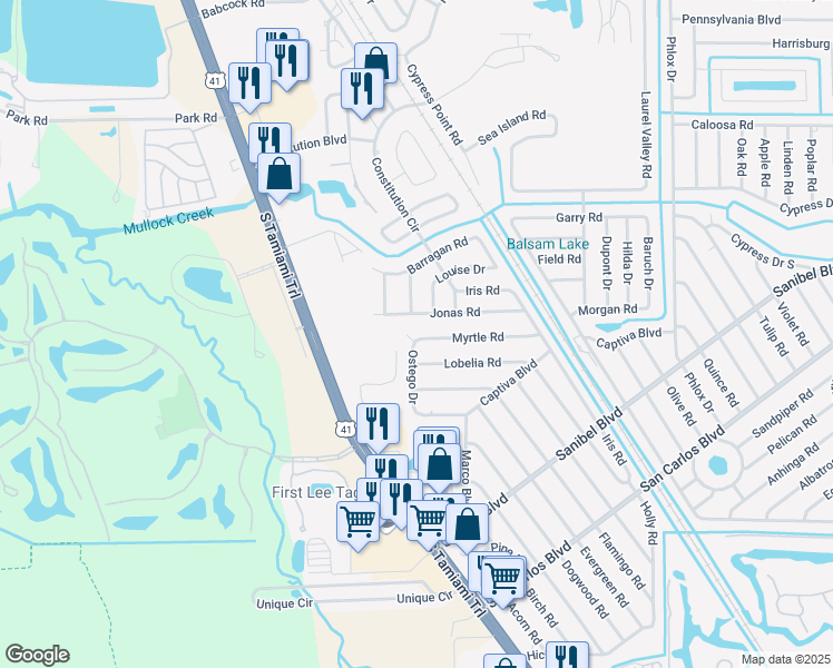 map of restaurants, bars, coffee shops, grocery stores, and more near 7201 Myrtle Road in Fort Myers