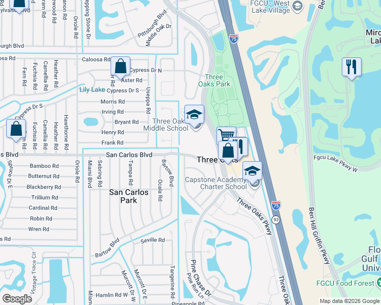 map of restaurants, bars, coffee shops, grocery stores, and more near 9279 San Carlos Boulevard in Fort Myers