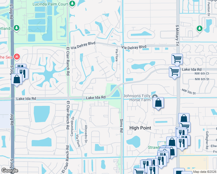 map of restaurants, bars, coffee shops, grocery stores, and more near 5647 Sims Road in Delray Beach