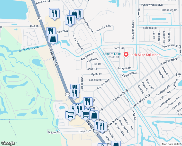 map of restaurants, bars, coffee shops, grocery stores, and more near 7249 Myrtle Road in Fort Myers