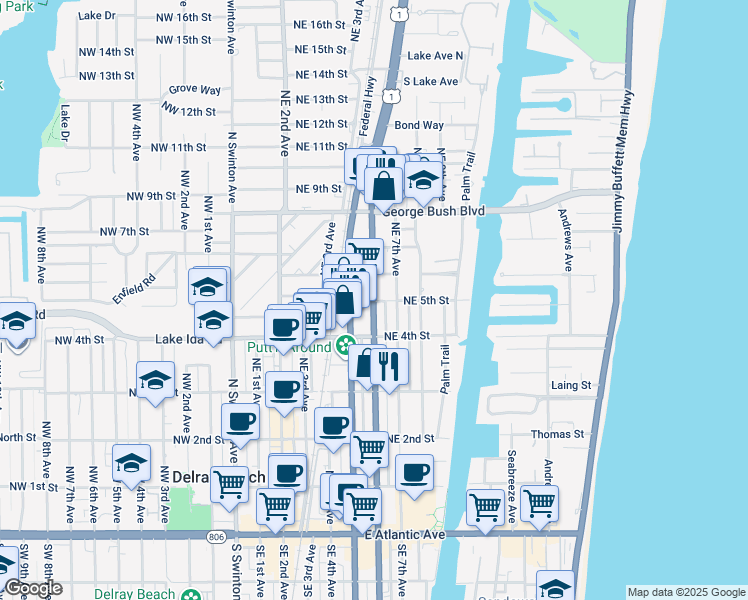 map of restaurants, bars, coffee shops, grocery stores, and more near 205 Northeast 5th Street in Delray Beach
