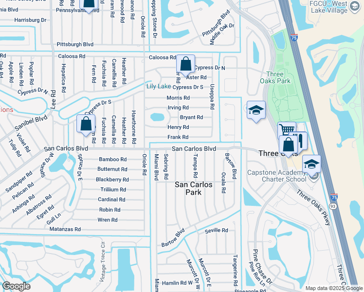 map of restaurants, bars, coffee shops, grocery stores, and more near 9089 San Carlos Boulevard in Fort Myers