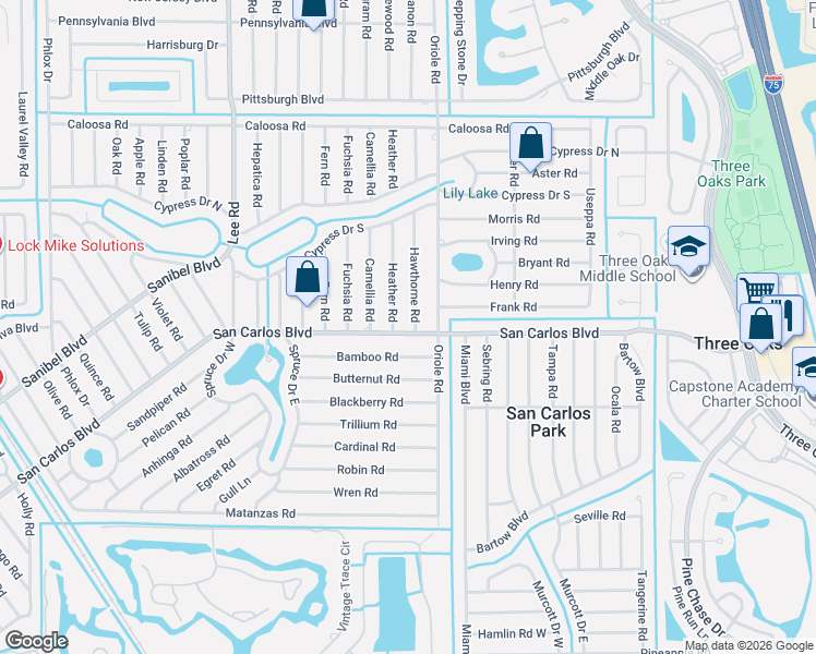 map of restaurants, bars, coffee shops, grocery stores, and more near 8445 San Carlos Boulevard in Fort Myers