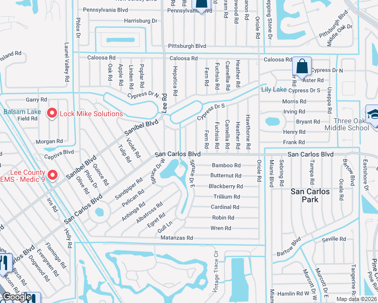 map of restaurants, bars, coffee shops, grocery stores, and more near 8305 San Carlos Boulevard in Fort Myers