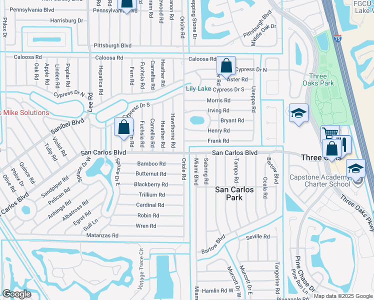 map of restaurants, bars, coffee shops, grocery stores, and more near 9001 San Carlos Boulevard in Fort Myers