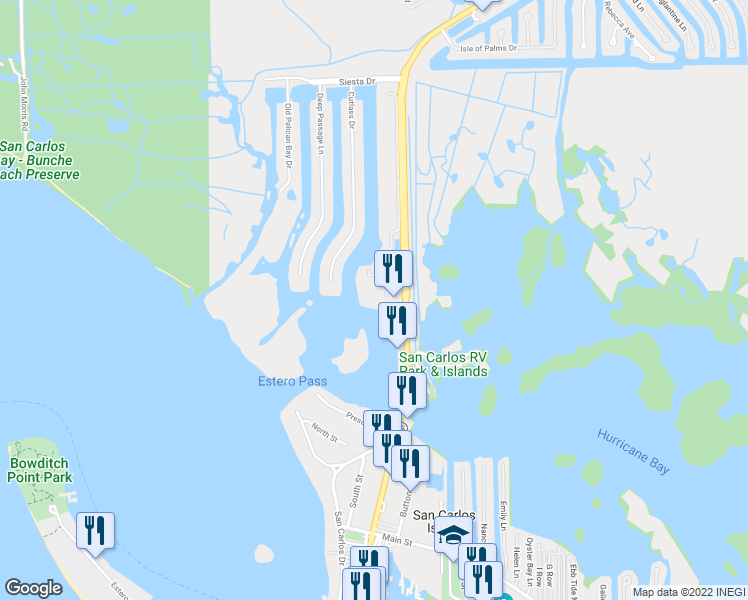 map of restaurants, bars, coffee shops, grocery stores, and more near 18120 San Carlos Boulevard in Fort Myers Beach