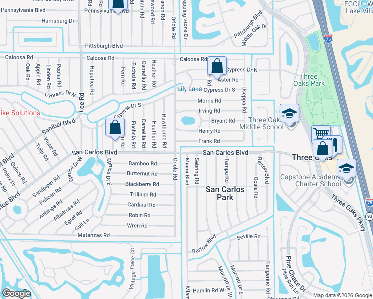 map of restaurants, bars, coffee shops, grocery stores, and more near 9001 San Carlos Boulevard in Fort Myers