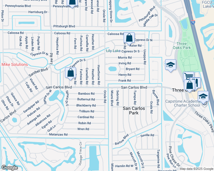 map of restaurants, bars, coffee shops, grocery stores, and more near 9001 San Carlos Boulevard in Fort Myers