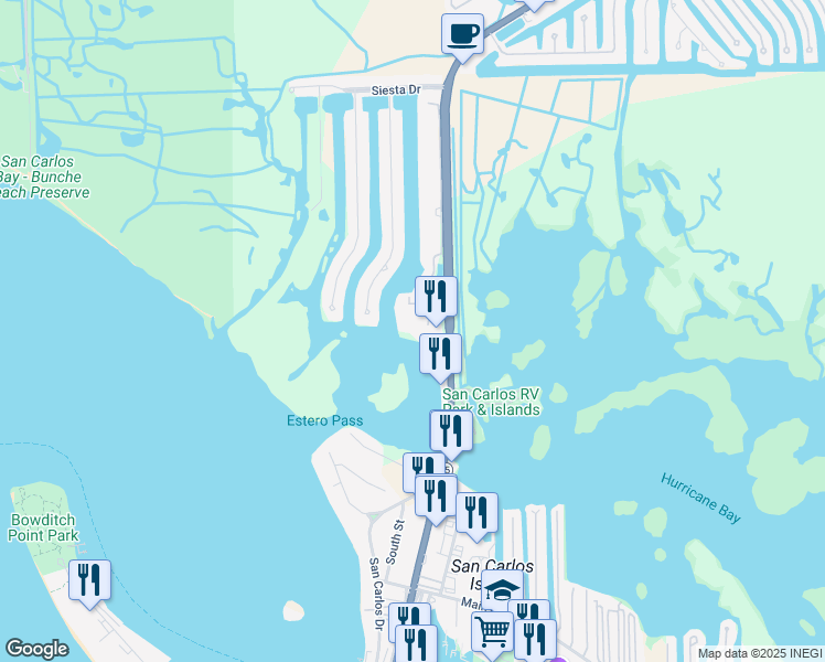 map of restaurants, bars, coffee shops, grocery stores, and more near 18120 San Carlos Boulevard in Fort Myers Beach