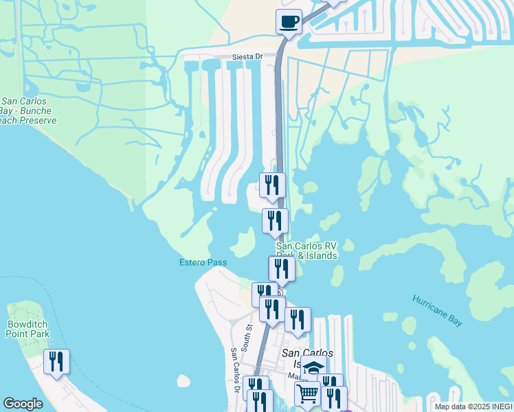 map of restaurants, bars, coffee shops, grocery stores, and more near 18120 San Carlos Boulevard in Fort Myers Beach