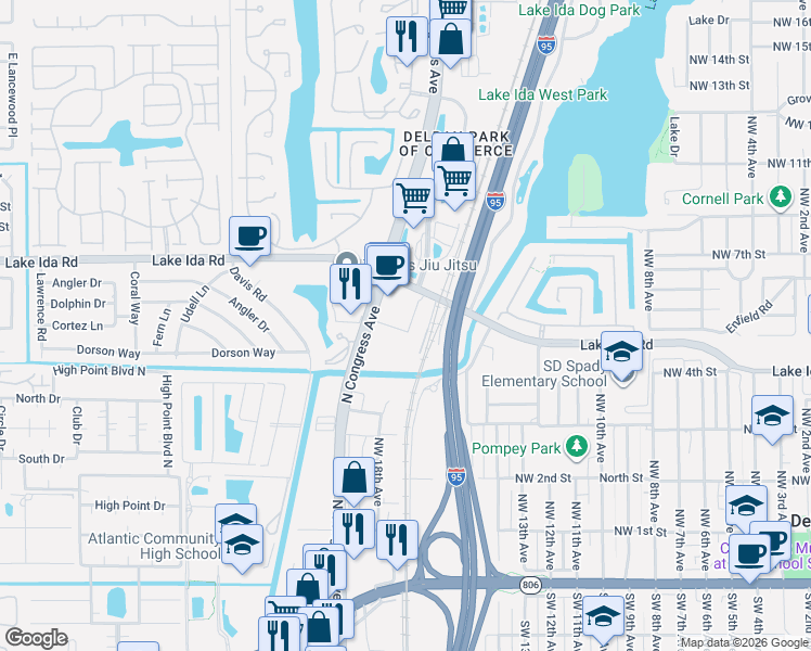 map of restaurants, bars, coffee shops, grocery stores, and more near 601 North Congress Avenue in Delray Beach