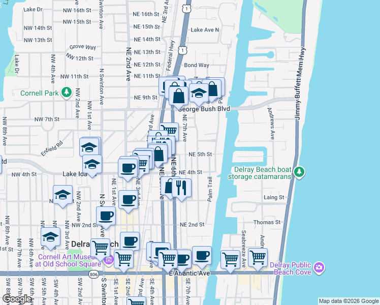 map of restaurants, bars, coffee shops, grocery stores, and more near 434 Northeast 8th Avenue in Delray Beach