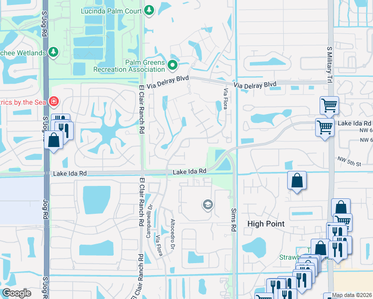 map of restaurants, bars, coffee shops, grocery stores, and more near 5723 Sims Road in Delray Beach