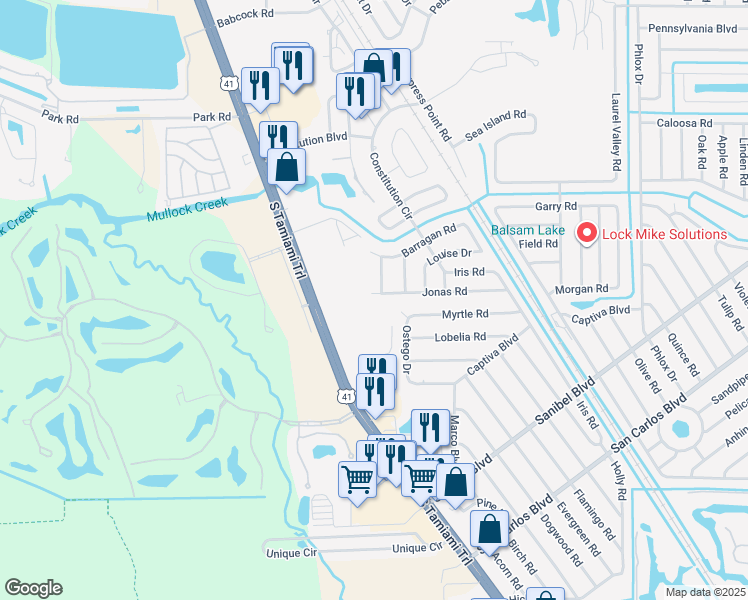 map of restaurants, bars, coffee shops, grocery stores, and more near 7194 Jonas Road in Fort Myers