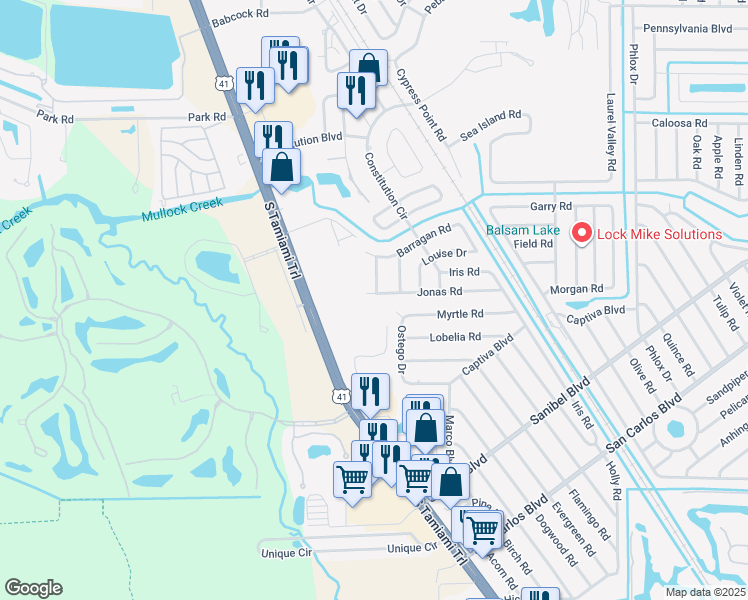 map of restaurants, bars, coffee shops, grocery stores, and more near 7194 Jonas Road in Fort Myers