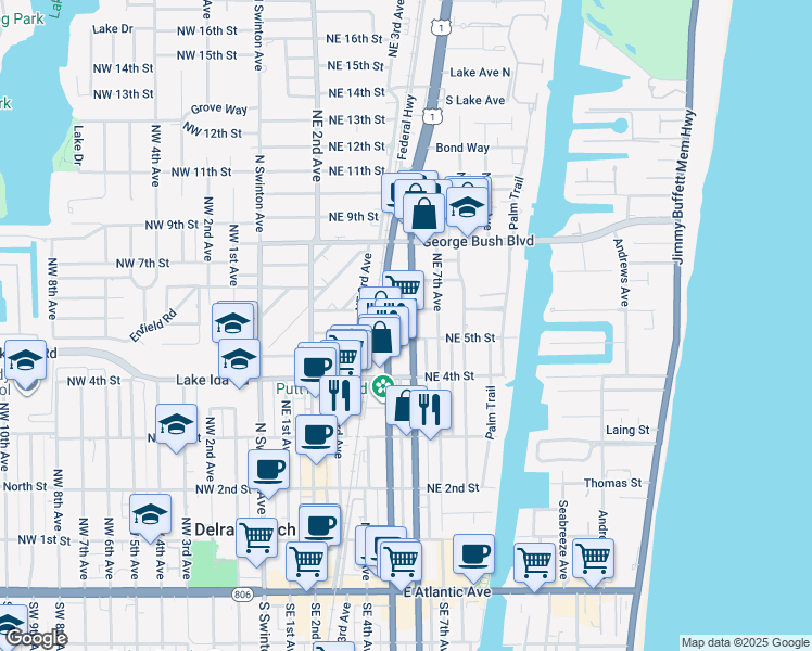 map of restaurants, bars, coffee shops, grocery stores, and more near 205 Northeast 5th Street in Delray Beach