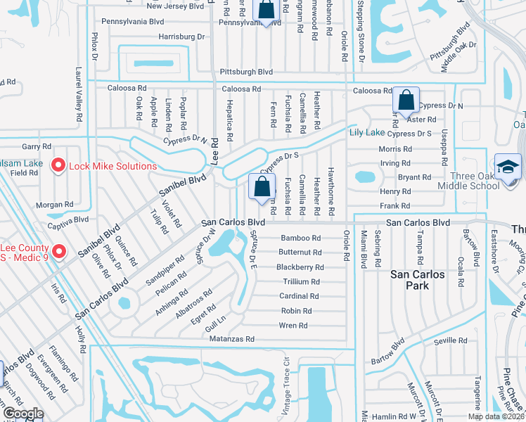 map of restaurants, bars, coffee shops, grocery stores, and more near 8305 San Carlos Boulevard in Fort Myers