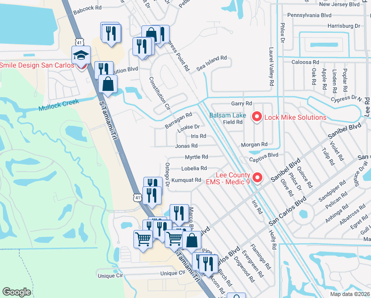 map of restaurants, bars, coffee shops, grocery stores, and more near 7249 Myrtle Road in Fort Myers