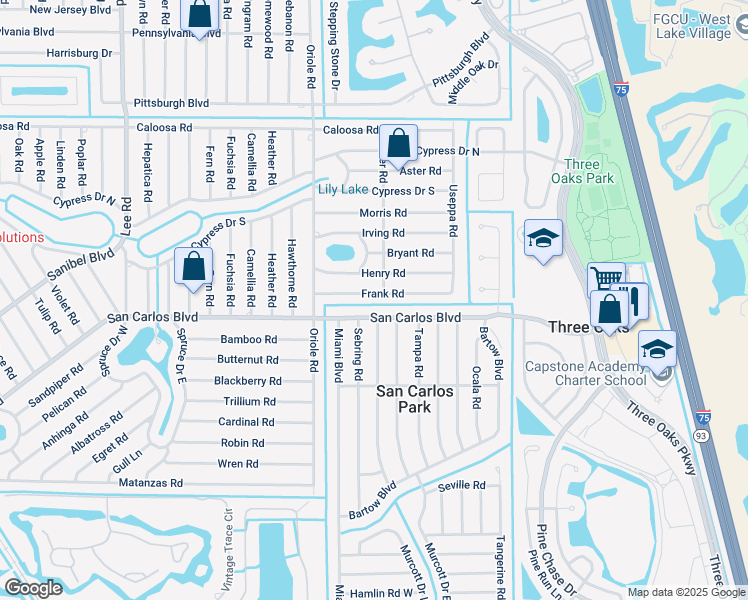 map of restaurants, bars, coffee shops, grocery stores, and more near 9089 San Carlos Boulevard in Fort Myers
