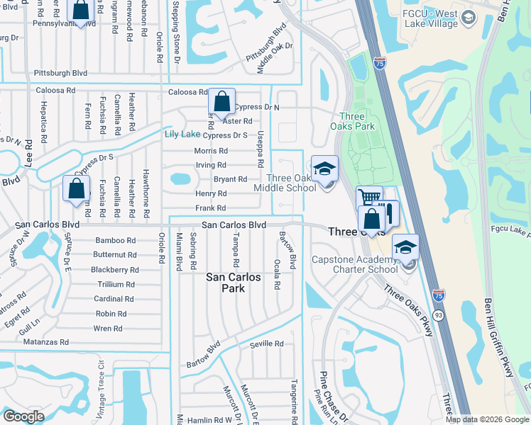 map of restaurants, bars, coffee shops, grocery stores, and more near 9189 San Carlos Boulevard in Fort Myers