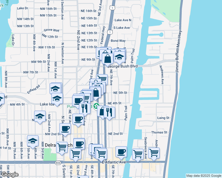 map of restaurants, bars, coffee shops, grocery stores, and more near 205 Northeast 5th Street in Delray Beach