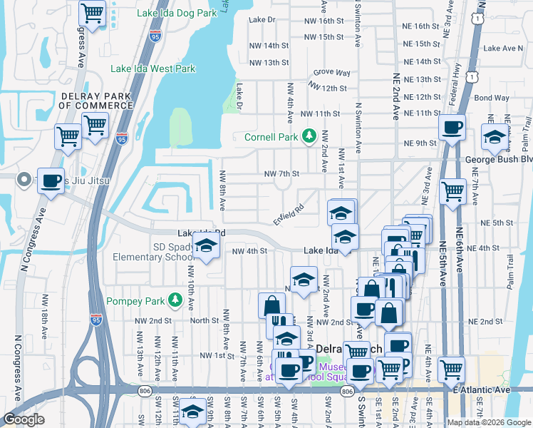 map of restaurants, bars, coffee shops, grocery stores, and more near 510 Sunshine Drive in Delray Beach