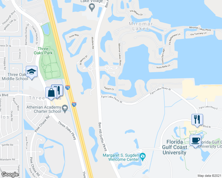 map of restaurants, bars, coffee shops, grocery stores, and more near 1000 Valiant Court in Fort Myers