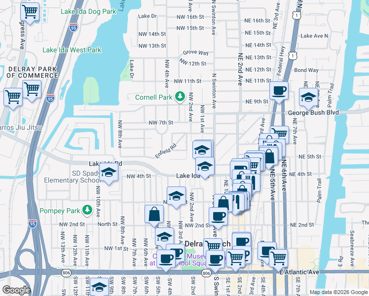 map of restaurants, bars, coffee shops, grocery stores, and more near 214 Enfield Road in Delray Beach