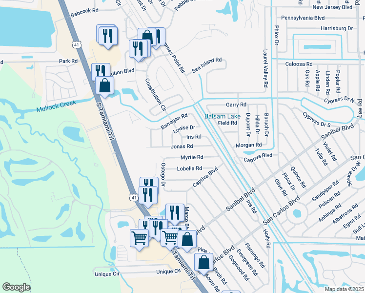 map of restaurants, bars, coffee shops, grocery stores, and more near 7285 Jonas Road in Fort Myers