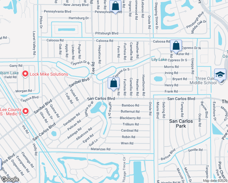 map of restaurants, bars, coffee shops, grocery stores, and more near 18421 Columbine Road in Fort Myers