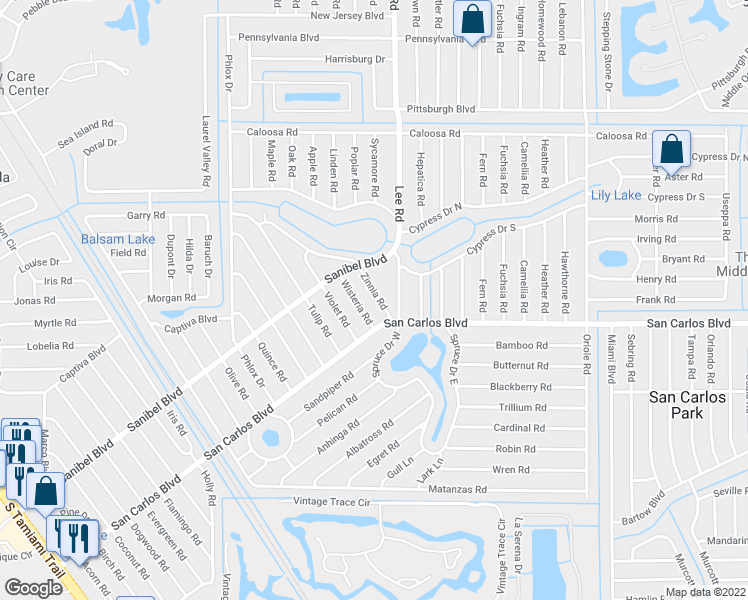 map of restaurants, bars, coffee shops, grocery stores, and more near 18546 Zinnia Road in Fort Myers