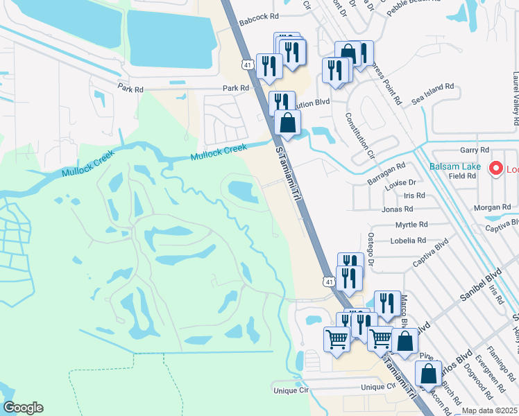map of restaurants, bars, coffee shops, grocery stores, and more near 18286 Creekside Preserve Loop in Fort Myers