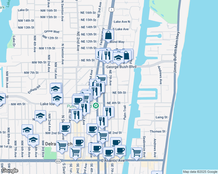 map of restaurants, bars, coffee shops, grocery stores, and more near 655 North Federal Highway in Delray Beach