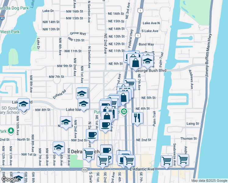 map of restaurants, bars, coffee shops, grocery stores, and more near 231 Royal Court in Delray Beach