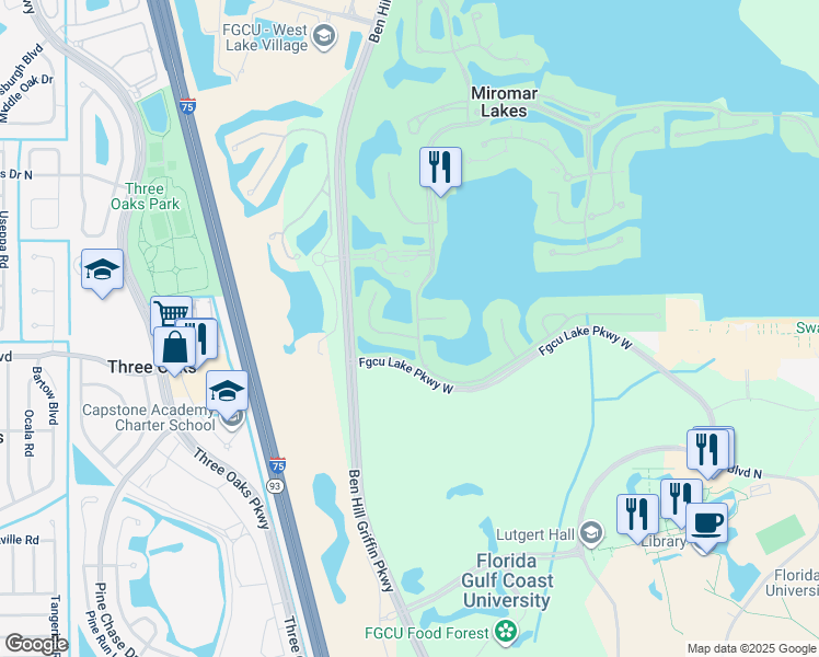 map of restaurants, bars, coffee shops, grocery stores, and more near 10095 Valiant Court in Miromar Lakes