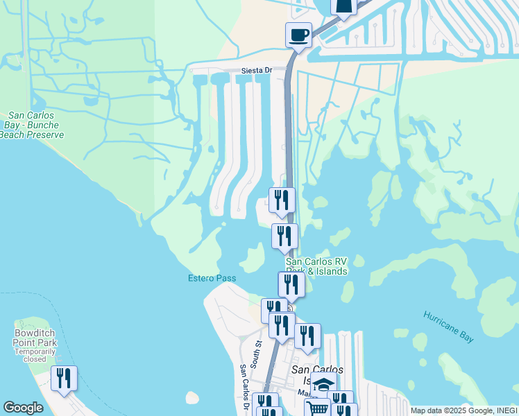 map of restaurants, bars, coffee shops, grocery stores, and more near Unnamed Road in Fort Myers Beach