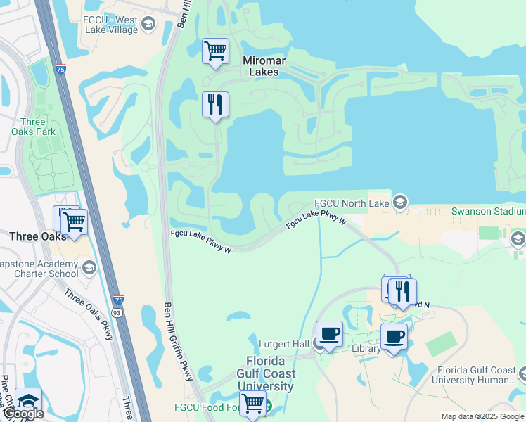 map of restaurants, bars, coffee shops, grocery stores, and more near 18311 Vicenza Way in Miromar Lakes