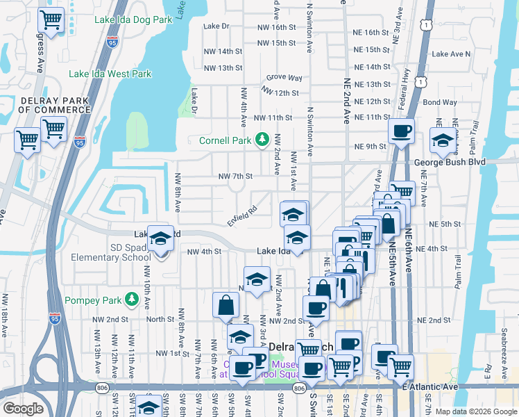 map of restaurants, bars, coffee shops, grocery stores, and more near 214 Enfield Road in Delray Beach