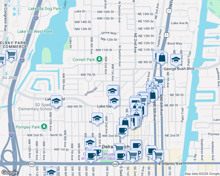 map of restaurants, bars, coffee shops, grocery stores, and more near 532 Northwest 1st Avenue in Delray Beach